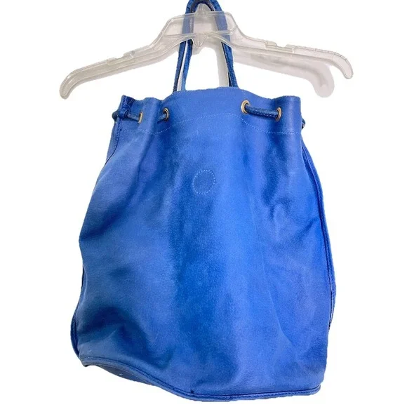 Vintage 80s FENDI Blue Drawstring Shoulder Bag Leather FF Logo - Picture 4 of 8